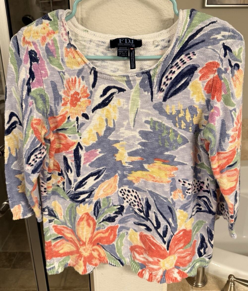 FDJ French Dressing Jeans Floral Knit Sweater Womens S Cotton Lt weight Colorful